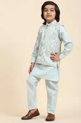 Light Blue Mirror work Cotton Kurta Pajama with Waistcoat set for Boys Ethnic Wear
