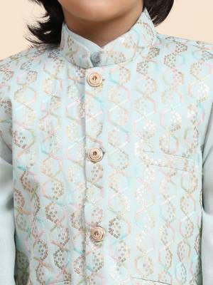 Light Blue Mirror work Cotton Kurta Pajama with Waistcoat set for Boys Ethnic Wear 6