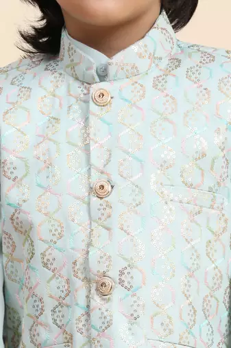 Light Blue Mirror work Cotton Kurta Pajama with Waistcoat set for Boys Ethnic Wear