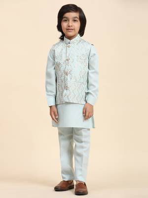 Light Blue Mirror work Cotton Kurta Pajama with Waistcoat set for Boys Ethnic Wear 7