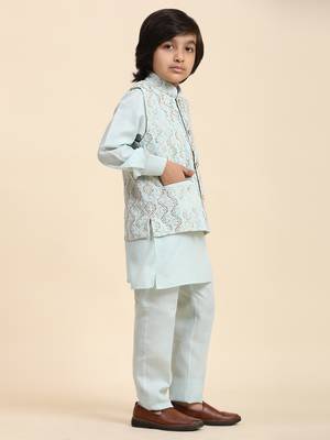 Light Blue Mirror work Cotton Kurta Pajama with Waistcoat set for Boys Ethnic Wear 9