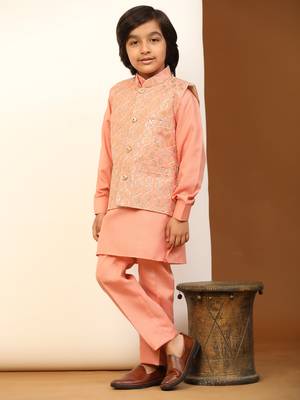 Pink Mirror work Cotton Kurta Pajama with Waistcoat set for Boys Ethnic Wear 1