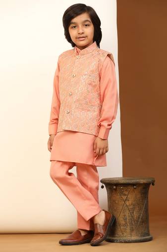 Pink Mirror work Cotton Kurta Pajama with Waistcoat set for Boys Ethnic Wear