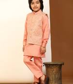 Pink Mirror work Cotton Kurta Pajama with Waistcoat set for Boys Ethnic Wear