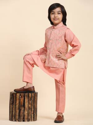 Pink Mirror work Cotton Kurta Pajama with Waistcoat set for Boys Ethnic Wear 2