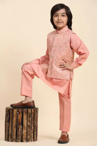 Pink Mirror work Cotton Kurta Pajama with Waistcoat set for Boys Ethnic Wear