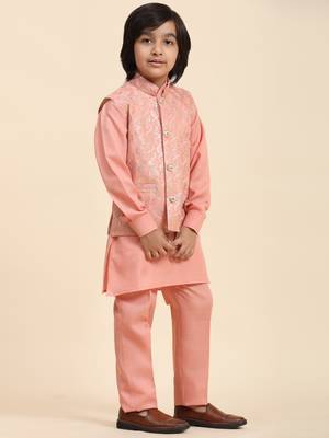 Pink Mirror work Cotton Kurta Pajama with Waistcoat set for Boys Ethnic Wear 3