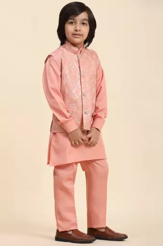 Pink Mirror work Cotton Kurta Pajama with Waistcoat set for Boys Ethnic Wear
