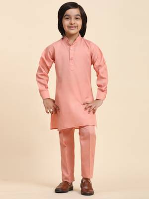 Pink Mirror work Cotton Kurta Pajama with Waistcoat set for Boys Ethnic Wear 4