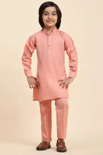 Pink Mirror work Cotton Kurta Pajama with Waistcoat set for Boys Ethnic Wear