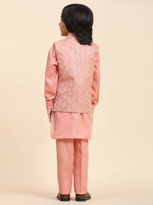 Pink Mirror work Cotton Kurta Pajama with Waistcoat set for Boys Ethnic Wear 5