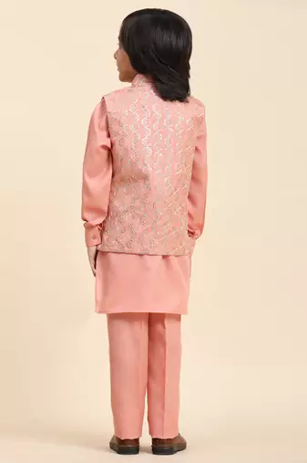 Pink Mirror work Cotton Kurta Pajama with Waistcoat set for Boys Ethnic Wear