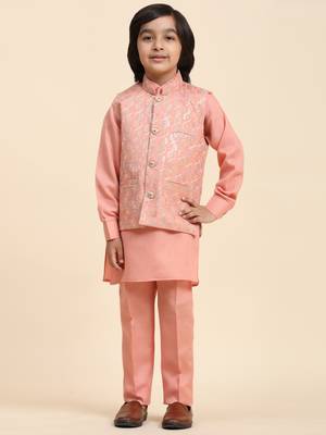 Pink Mirror work Cotton Kurta Pajama with Waistcoat set for Boys Ethnic Wear 6