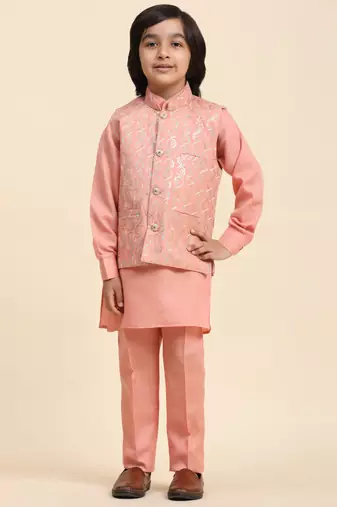 Pink Mirror work Cotton Kurta Pajama with Waistcoat set for Boys Ethnic Wear