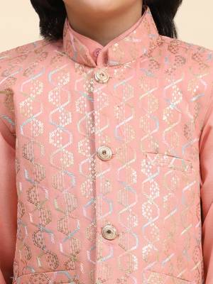 Pink Mirror work Cotton Kurta Pajama with Waistcoat set for Boys Ethnic Wear 7