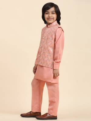 Pink Mirror work Cotton Kurta Pajama with Waistcoat set for Boys Ethnic Wear 8