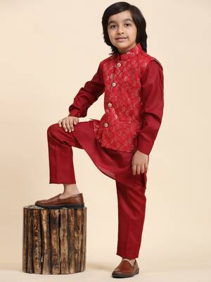 Maroon Mirror work Cotton Kurta Pajama with Waistcoat set for Boys Ethnic Wear 1