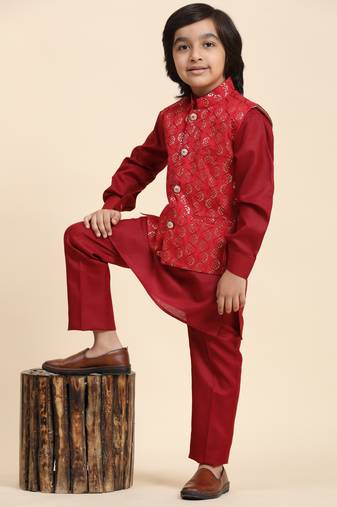 Maroon Mirror work Cotton Kurta Pajama with Waistcoat set for Boys Ethnic Wear