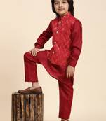 Maroon Mirror work Cotton Kurta Pajama with Waistcoat set for Boys Ethnic Wear