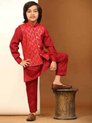 Maroon Mirror work Cotton Kurta Pajama with Waistcoat set for Boys Ethnic Wear 2