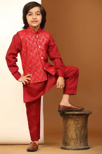 Maroon Mirror work Cotton Kurta Pajama with Waistcoat set for Boys Ethnic Wear