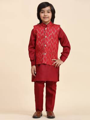 Maroon Mirror work Cotton Kurta Pajama with Waistcoat set for Boys Ethnic Wear 3