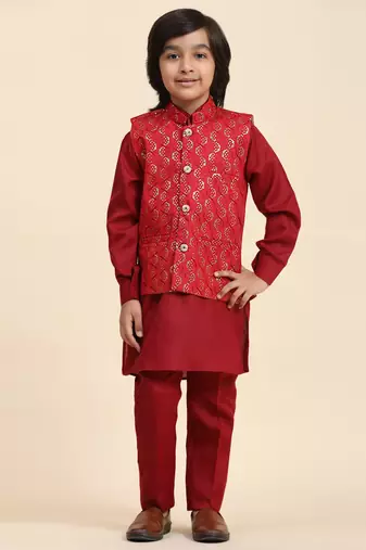 Maroon Mirror work Cotton Kurta Pajama with Waistcoat set for Boys Ethnic Wear