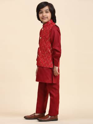 Maroon Mirror work Cotton Kurta Pajama with Waistcoat set for Boys Ethnic Wear 4