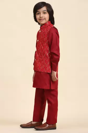 Maroon Mirror work Cotton Kurta Pajama with Waistcoat set for Boys Ethnic Wear