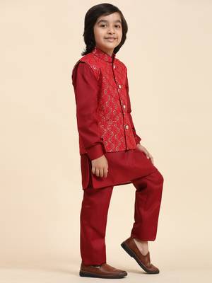 Maroon Mirror work Cotton Kurta Pajama with Waistcoat set for Boys Ethnic Wear 5