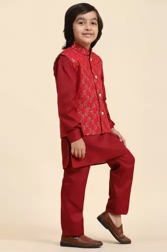 Maroon Mirror work Cotton Kurta Pajama with Waistcoat set for Boys Ethnic Wear