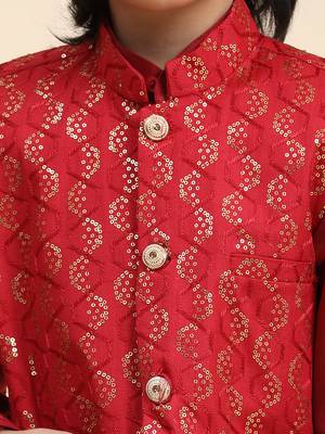 Maroon Mirror work Cotton Kurta Pajama with Waistcoat set for Boys Ethnic Wear 6
