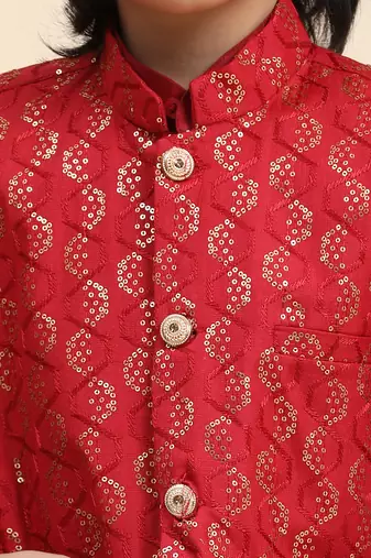Maroon Mirror work Cotton Kurta Pajama with Waistcoat set for Boys Ethnic Wear