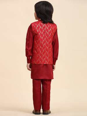 Maroon Mirror work Cotton Kurta Pajama with Waistcoat set for Boys Ethnic Wear 7