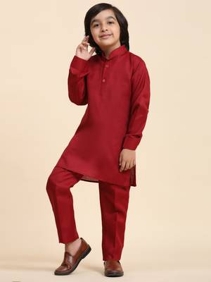 Maroon Mirror work Cotton Kurta Pajama with Waistcoat set for Boys Ethnic Wear 9