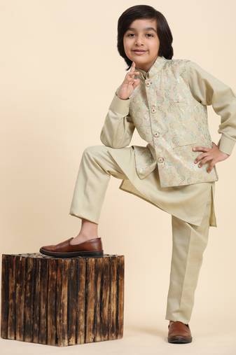 Fawn Mirror work Cotton Kurta Pajama with Waistcoat set for Boys Ethnic Wear