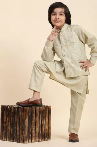 Fawn Mirror work Cotton Kurta Pajama with Waistcoat set for Boys Ethnic Wear