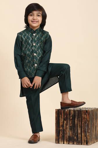 Dark Green Mirror work Cotton Kurta Pajama with Waistcoat set for Boys Ethnic Wear