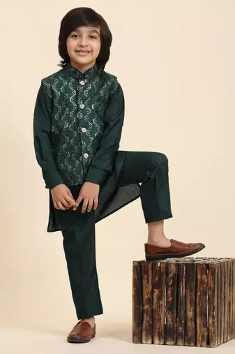 Dark Green Mirror work Cotton Kurta Pajama with Waistcoat set for Boys Ethnic Wear