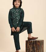 Dark Green Mirror work Cotton Kurta Pajama with Waistcoat set for Boys Ethnic Wear