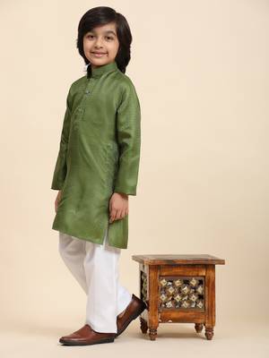 Green Printed work Cotton Kurta Pajama set for Boys Ethnic Wear 1