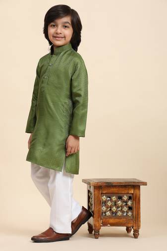 Green Printed work Cotton Kurta Pajama set for Boys Ethnic Wear