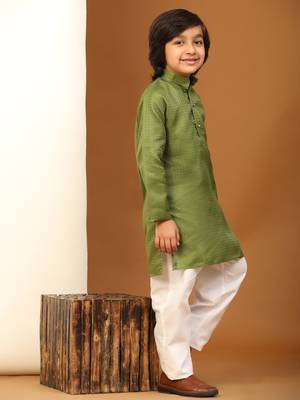 Green Printed work Cotton Kurta Pajama set for Boys Ethnic Wear 2