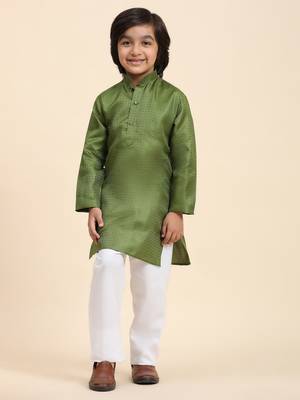 Green Printed work Cotton Kurta Pajama set for Boys Ethnic Wear 3