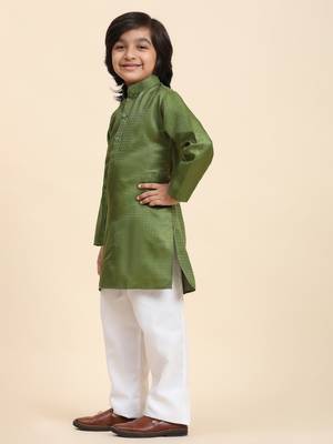 Green Printed work Cotton Kurta Pajama set for Boys Ethnic Wear 4