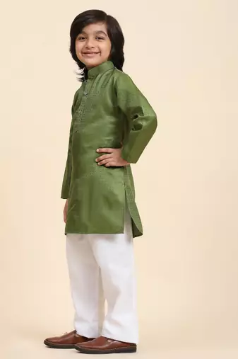 Green Printed work Cotton Kurta Pajama set for Boys Ethnic Wear