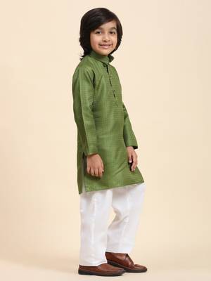 Green Printed work Cotton Kurta Pajama set for Boys Ethnic Wear 5
