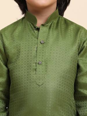 Green Printed work Cotton Kurta Pajama set for Boys Ethnic Wear 8