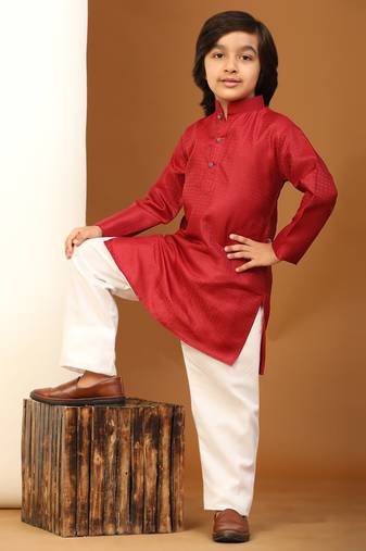 Maroon Printed work Cotton Kurta Pajama set for Boys Ethnic Wear