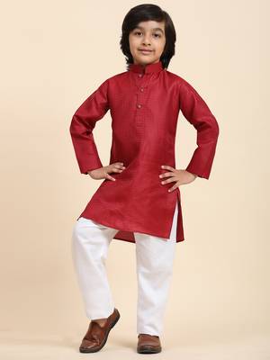 Maroon Printed work Cotton Kurta Pajama set for Boys Ethnic Wear 4